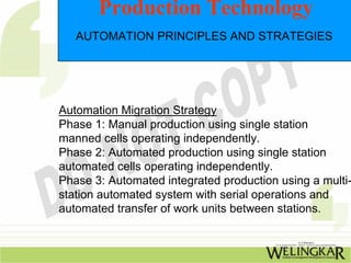 Production Technology
   AUTOMATION PRINCIPLES AND STRATEGIES




Automation Migration Strategy
Phase 1: Manual production using single station
manned cells operating independently.
Phase 2: Automated production using single station
automated cells operating independently.
Phase 3: Automated integrated production using a multi-
station automated system with serial operations and
automated transfer of work units between stations.
 