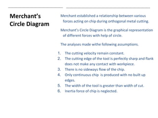 Merchant’s
Circle Diagram
Merchant established a relationship between various
forces acting on chip during orthogonal metal cutting.
Merchant’s Circle Diagram is the graphical representation
of different forces with help of circle.
The analyses made withe following assumptions.
1. The cutting velocity remain constant.
2. The cutting edge of the tool is perfectly sharp and flank
does not make any contact with workpiece.
3. There is no sideways flow of the chip.
4. Only continuous chip is produced with no built up
edges.
5. The width of the tool is greater than width of cut.
6. Inertia force of chip is neglected.
 