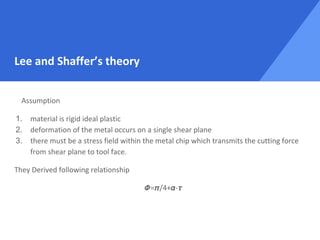 Lee and Shaffer’s theory
Assumption
1. material is rigid ideal plastic
2. deformation of the metal occurs on a single shear plane
3. there must be a stress field within the metal chip which transmits the cutting force
from shear plane to tool face.
They Derived following relationship
= /4+ -
 