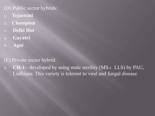 (D) Public sector hybrids:
1. Tejaswini
2. Champion
3.  Delhi Hot
4.  Gayatri
5.  Agni

(E) Private sector hybrid:
1.  CH-...