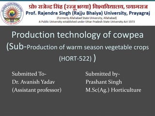 Submitted To-
Dr. Avanish Yadav
(Assistant professor)
Submitted by-
Prashant Singh
M.Sc(Ag.) Horticulture
Production technology of cowpea
(Sub-Production of warm season vegetable crops
(HORT-522) )
 
