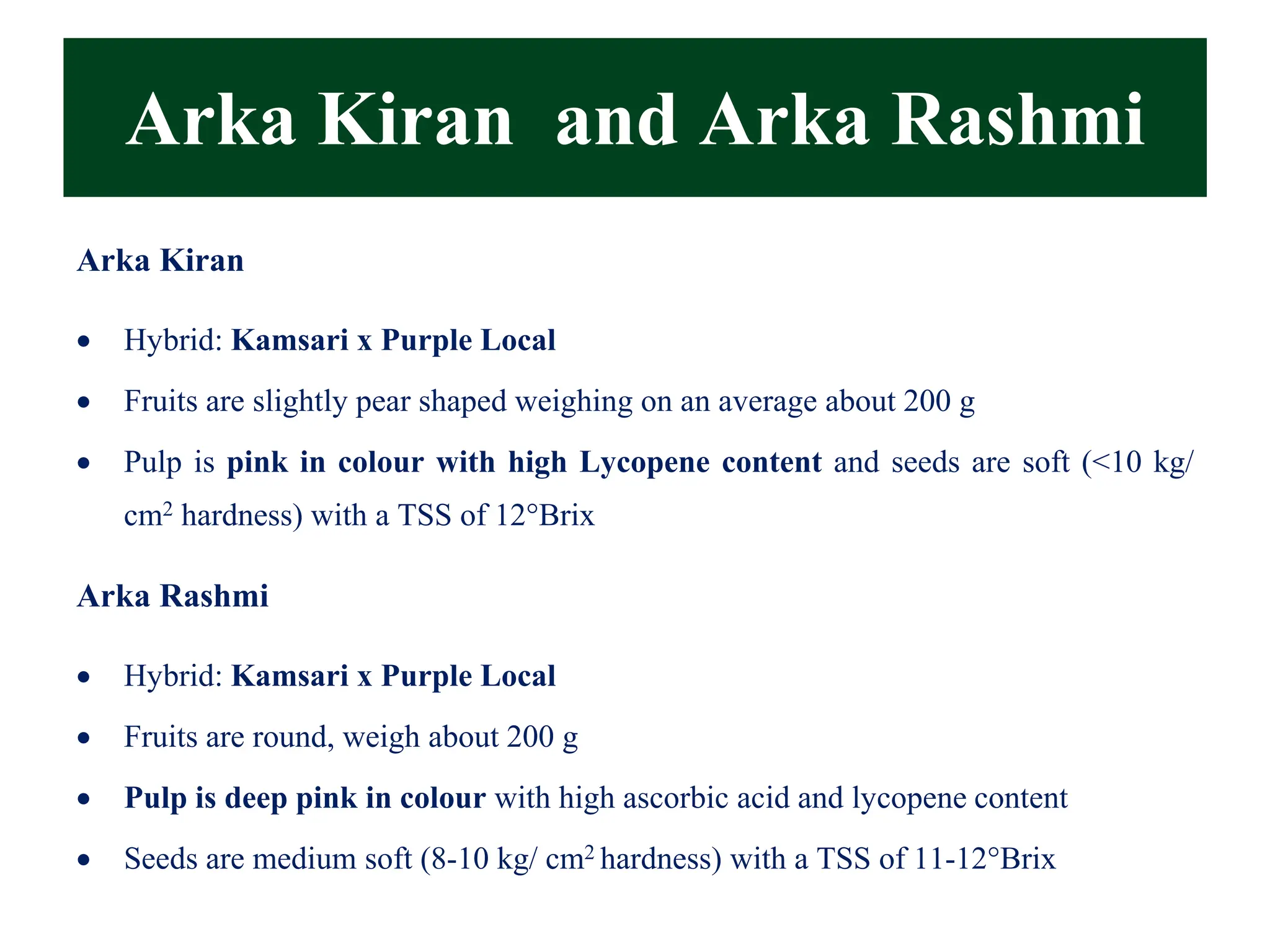 Arka Kiran and Arka Rashmi
Arka Kiran
• Hybrid: Kamsari x Purple Local
• Fruits are slightly pear shaped weighing on an average about 200 g
• Pulp is pink in colour with high Lycopene content and seeds are soft (<10 kg/
cm2 hardness) with a TSS of 12°Brix
Arka Rashmi
• Hybrid: Kamsari x Purple Local
• Fruits are round, weigh about 200 g
• Pulp is deep pink in colour with high ascorbic acid and lycopene content
• Seeds are medium soft (8-10 kg/ cm2 hardness) with a TSS of 11-12°Brix
 