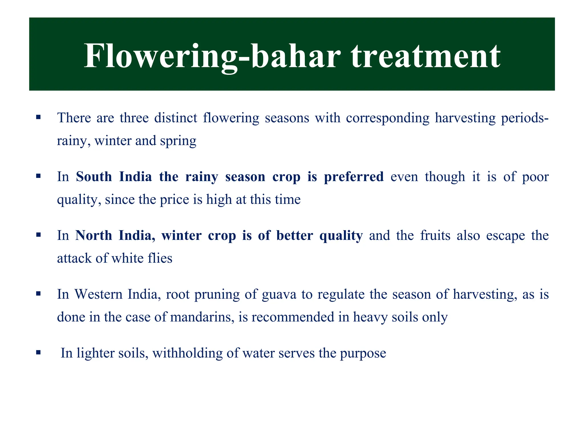 Flowering-bahar treatment
▪ There are three distinct flowering seasons with corresponding harvesting periods-
rainy, winter and spring
▪ In South India the rainy season crop is preferred even though it is of poor
quality, since the price is high at this time
▪ In North India, winter crop is of better quality and the fruits also escape the
attack of white flies
▪ In Western India, root pruning of guava to regulate the season of harvesting, as is
done in the case of mandarins, is recommended in heavy soils only
▪ In lighter soils, withholding of water serves the purpose
 