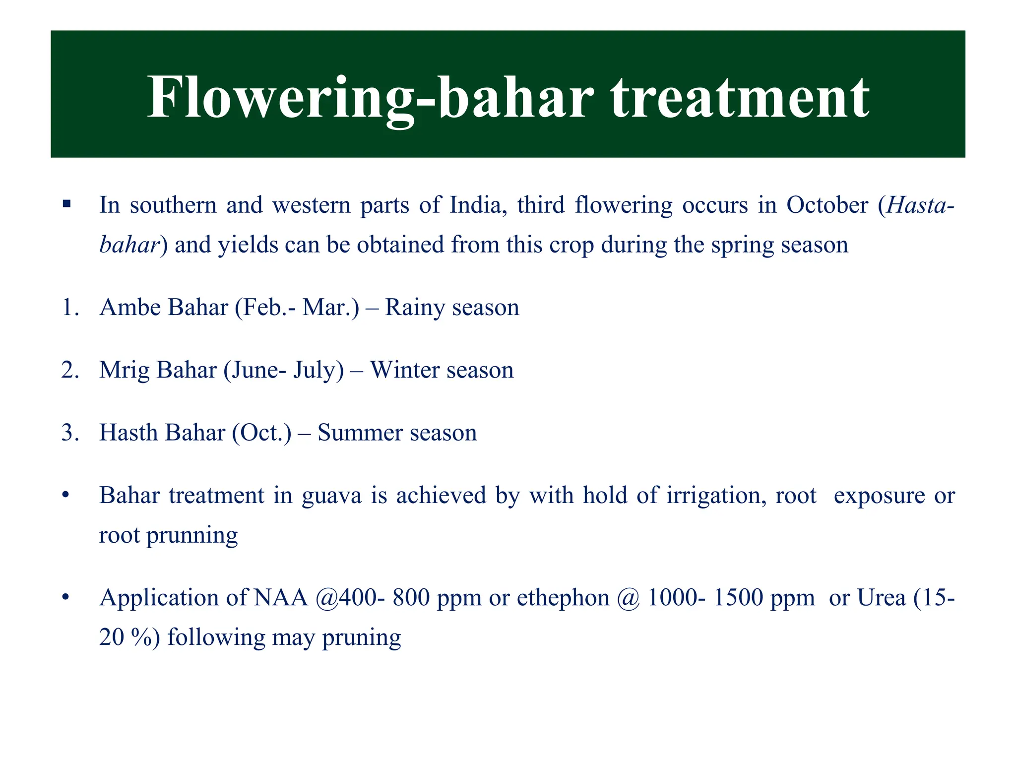 ▪ In southern and western parts of India, third flowering occurs in October (Hasta-
bahar) and yields can be obtained from this crop during the spring season
1. Ambe Bahar (Feb.- Mar.) – Rainy season
2. Mrig Bahar (June- July) – Winter season
3. Hasth Bahar (Oct.) – Summer season
• Bahar treatment in guava is achieved by with hold of irrigation, root exposure or
root prunning
• Application of NAA @400- 800 ppm or ethephon @ 1000- 1500 ppm or Urea (15-
20 %) following may pruning
Flowering-bahar treatment
 