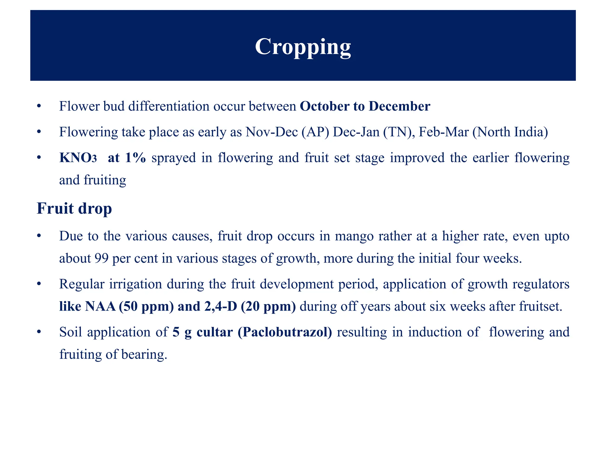 Cropping
• Flower bud differentiation occur between October to December
• Flowering take place as early as Nov-Dec (AP) Dec-Jan (TN), Feb-Mar (North India)
• KNO3 at 1% sprayed in flowering and fruit set stage improved the earlier flowering
and fruiting
Fruit drop
• Due to the various causes, fruit drop occurs in mango rather at a higher rate, even upto
about 99 per cent in various stages of growth, more during the initial four weeks.
• Regular irrigation during the fruit development period, application of growth regulators
like NAA (50 ppm) and 2,4-D (20 ppm) during off years about six weeks after fruitset.
• Soil application of 5 g cultar (Paclobutrazol) resulting in induction of flowering and
fruiting of bearing.
 