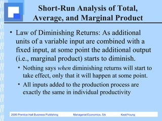 2006 Prentice Hall Business Publishing Managerial Economics, 5/e Keat/Young
Short-Run Analysis of Total,
Average, and Marginal Product
• Law of Diminishing Returns: As additional
units of a variable input are combined with a
fixed input, at some point the additional output
(i.e., marginal product) starts to diminish.
• Nothing says when diminishing returns will start to
take effect, only that it will happen at some point.
• All inputs added to the production process are
exactly the same in individual productivity
 