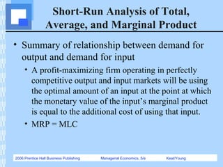 2006 Prentice Hall Business Publishing Managerial Economics, 5/e Keat/Young
Short-Run Analysis of Total,
Average, and Marginal Product
• Summary of relationship between demand for
output and demand for input
• A profit-maximizing firm operating in perfectly
competitive output and input markets will be using
the optimal amount of an input at the point at which
the monetary value of the input’s marginal product
is equal to the additional cost of using that input.
• MRP = MLC
 