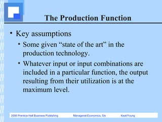 2006 Prentice Hall Business Publishing Managerial Economics, 5/e Keat/Young
The Production Function
• Key assumptions
• Some given “state of the art” in the
production technology.
• Whatever input or input combinations are
included in a particular function, the output
resulting from their utilization is at the
maximum level.
 