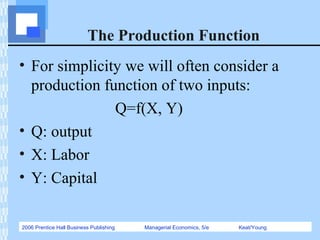 2006 Prentice Hall Business Publishing Managerial Economics, 5/e Keat/Young
The Production Function
• For simplicity we will often consider a
production function of two inputs:
Q=f(X, Y)
• Q: output
• X: Labor
• Y: Capital
 