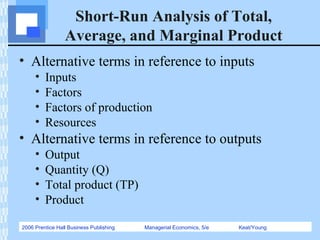 2006 Prentice Hall Business Publishing Managerial Economics, 5/e Keat/Young
Short-Run Analysis of Total,
Average, and Marginal Product
• Alternative terms in reference to inputs
• Inputs
• Factors
• Factors of production
• Resources
• Alternative terms in reference to outputs
• Output
• Quantity (Q)
• Total product (TP)
• Product
 
