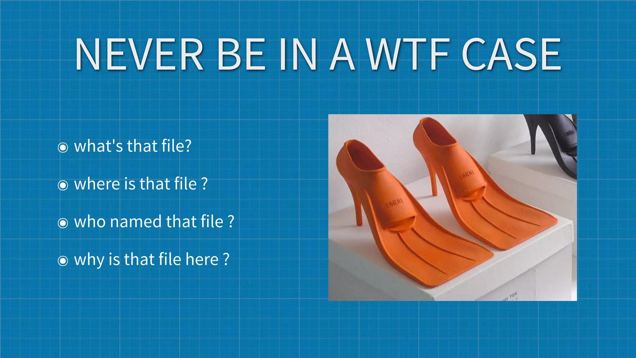 NEVER BE IN A WTF CASE
๏ what's that file?

๏ where is that file ?

๏ who named that file ?

๏ why is that file here ?
 