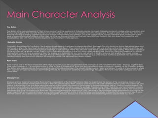Troy Bolton
Troy Bolton is the main protagonist of ‘High School Musical’ and the boyfriend of Gabriella Montez. He meets Gabriella Montez at a lodge while on vacation, and
the two sing together. The two later find themselves attending the same school as Gabriella moved to Albuquerque. Through a series of events, they fall in love,
then the two end up singing together once more and become boyfriend and girlfriend. Troy is the captain of the schools basketball team, making him at the
peak of popularity amongst students at East High. He is the son to coach Bolton and the best friend to Chad Danforth. Not only does Troy’s passion lie with
basketball but also with musical theatre despite his dad’s and team mates opinions.
Gabriella Montez
Gabriella is the girlfriend to Troy Bolton. She is extraordinarily beautiful and very academically-gifted. She meets Troy at a family bar during their winter break and
are forced to sing in the New Year's Eve party at the Ski Mountain Resort. They instantly feel a connection with one another, and as fate would have it, they end
up attending the same school in Albuquerque, East High. It is at East High where they become close friends, and eventually begin dating. When the two meet up
at the auditions for the winter concert, they try out for the callbacks and do a duet of a song called Breaking Free. Since Troy, being the basketball star of East
High and not known to have a passion or talent for singing, and Gabriella, the shy, nerdy new girl with a liking for science, start singing, they cause a large
amount of social unrest at the school. Although this wans’t Gabriella's plan – Gabriella moved a lot as a child and just wanted a quite fresh new start when her
nemesis Sharpay sees how much attention she begins to create, she becomes very jealous indeed.
Ryan Evans
Ryan Evans is one of the main characters within ‘High School Musical.’ He's co-president of the Drama Club with his fraternal twin sister – Sharpay. Together they
have both co-starred in 17 school productions to date. In ‘High School Musical’, Ryan functions almost exclusively as Sharpay's sidekick, as the 2 attempt to keep
Troy Bolton and Gabriella Montez from winning the roles of Arnold and Minnie in the school's Winter musical, ’Juliet and Romeo.’ In spite of a few moments where
Ryan appears annoyed by Sharpay's domineering attitude, he accepts her leadership unquestioningly throughout the movie, most often acting as a source of
comic relief.
Sharpay Evans
Sharpay and her fraternal twin brother Ryan are the co-presidents of the East High Drama Club. Her parents are the owners of the Lava Springs Country Club
which is why her and her brother seem to have a ‘Well Off’ persona about them. Sharpay is first shown to be a self-centered drama queen who loves to be, and
often is, in the spotlight. Her and Ryan being the only two in the school truly shown to have interest in the performing arts, are Ms. Darbus's favorite students. The
Evans twins have starred in all school productions since kindergarten, and she craves the spotlight. Previously, she hadn't had to try very hard to keep it; anyone
else shown auditioning was never very good enough. However, she has an overwhelming desire to be the best that often dictates her actions, and it was once
mentioned that if she could play both lead roles "her own brother would be aced out of a job.’ Because of the rigid clique system established in East High at the
beginning of High School Musical, Sharpay is very defensive of her position as star of all school plays and she refuses to tolerate that anyone could take it away
from her which is why Gabriella becomes a leading target for Sharpay. Sharpay has a sexual desire towards East Highs most popular male Troy Bolton.
 