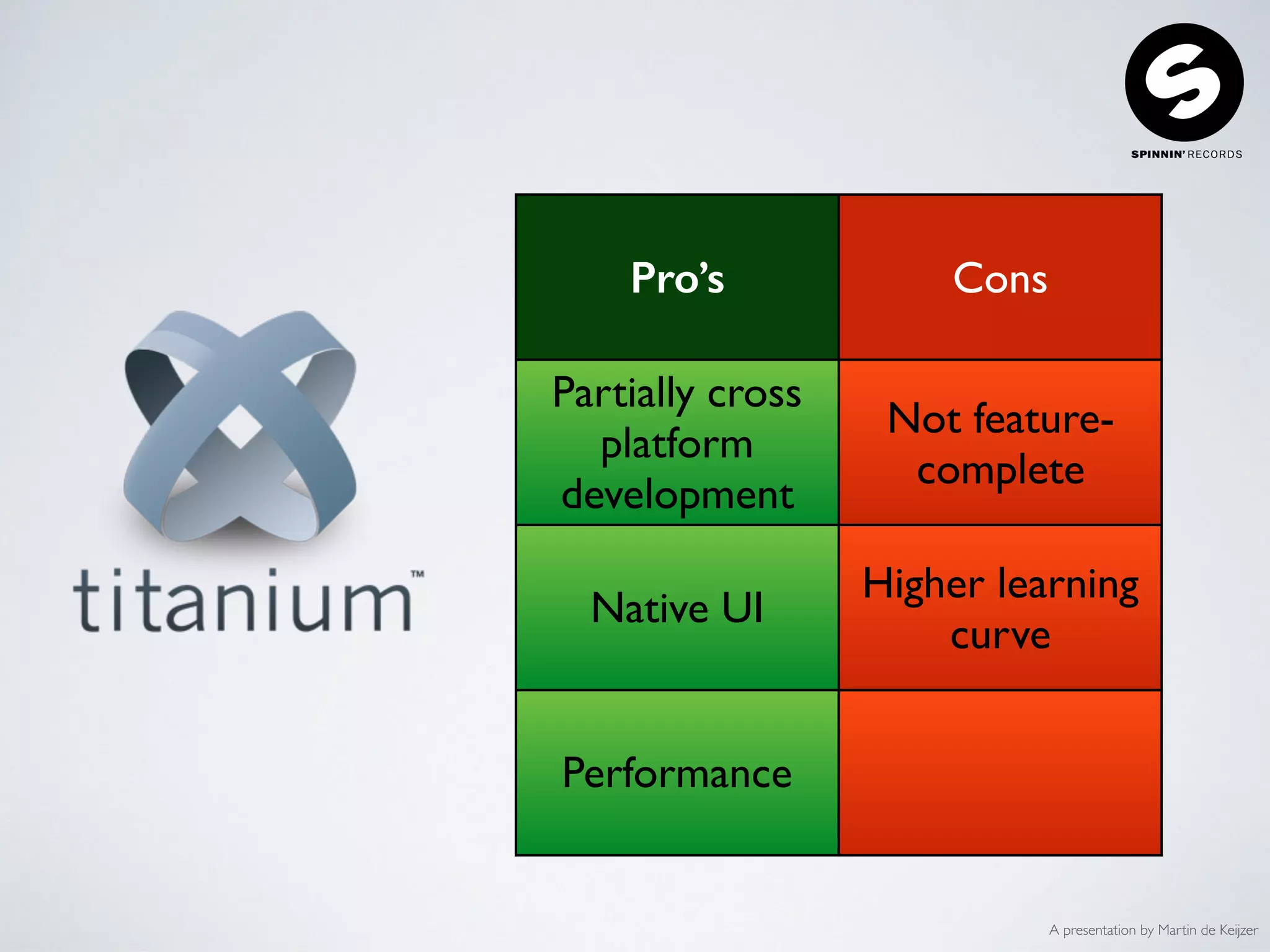 A presentation by Martin de Keijzer
Pro’s Cons
Partially cross
platform
development
Not feature-
complete
Native UI
Higher learning
curve
Performance
 