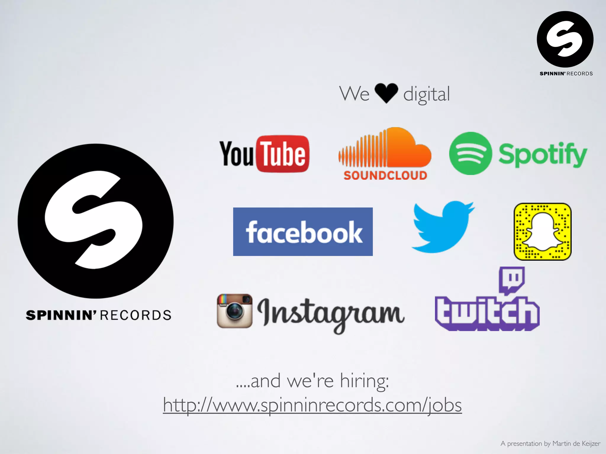 A presentation by Martin de Keijzer
We digital
....and we're hiring:
http://www.spinninrecords.com/jobs
 