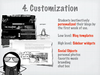 4. Customization
          Students instinctively
          personalized their blogs by
          the first week of use.

          Low level: Blog templates

          High level: Sidebar widgets

          Social Objects
          personal photos
          favorite music
          branding
          chat box
 