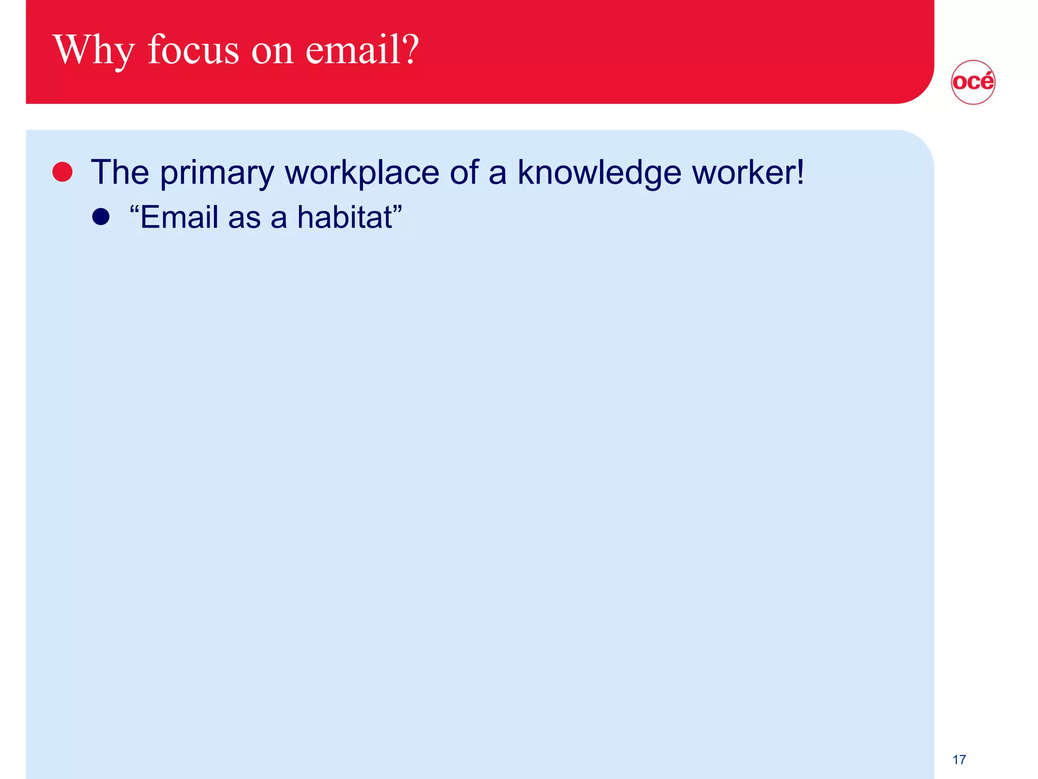 Why focus on email? The primary workplace of a knowledge worker! “Email as a habitat” 