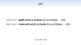 EventEmitter
emitter.addEventListener(eventName, cb);
emitter.removeEventListener(eventName, cb);
34
API
 