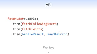 fetchUser(userId)
.then(fetchFollowingUsers)
.then(fetchTweets)
.then(handleResult, handleError);
59
Promises
API
 
