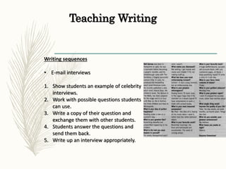 Teaching Writing
Writing sequences
• E-mail interviews
1. Show students an example of celebrity
interviews.
2. Work with possible questions students
can use.
3. Write a copy of their question and
exchange them with other students.
4. Students answer the questions and
send them back.
5. Write up an interview appropriately.
 
