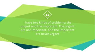 “I have two kinds of problems: the
urgent and the important. The urgent
are not important, and the important
are never urgent
 