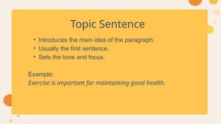Topic Sentence
• Introduces the main idea of the paragraph.
• Usually the first sentence.
• Sets the tone and focus.
Example:
Exercise is important for maintaining good health.
 