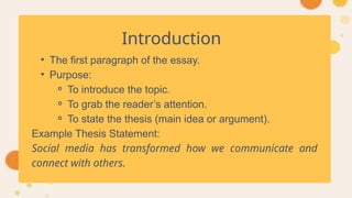 Introduction
• The first paragraph of the essay.
• Purpose:
⚬ To introduce the topic.
⚬ To grab the reader’s attention.
⚬ To state the thesis (main idea or argument).
Example Thesis Statement:
Social media has transformed how we communicate and
connect with others.
 