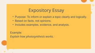Expository Essay
• Purpose: To inform or explain a topic clearly and logically.
• Based on facts, not opinions.
• Includes examples, evidence, and analysis.
Example:
Explain how photosynthesis works.
 