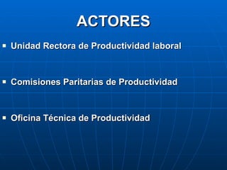 ACTORES Unidad Rectora de Productividad laboral Comisiones Paritarias de Productividad Oficina Técnica de Productividad 