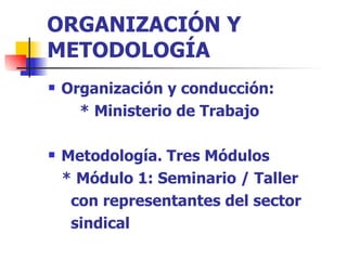 ORGANIZACIÓN Y METODOLOGÍA Organización y conducción: * Ministerio de Trabajo Metodología. Tres Módulos * Módulo 1: Seminario / Taller con representantes del sector  sindical  