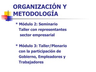 ORGANIZACIÓN Y METODOLOGÍA * Módulo 2: Seminario  Taller con representantes sector empresarial * Módulo 3: Taller/Plenario con la participación de  Gobierno, Empleadores y Trabajadores 