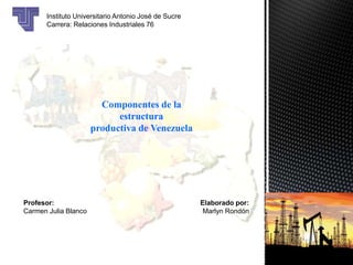 Instituto Universitario Antonio José de Sucre
Carrera: Relaciones Industriales 76
Componentes de la
estructura
productiva de Venezuela
Profesor: Elaborado por:
Carmen Julia Blanco Marlyn Rondón
 