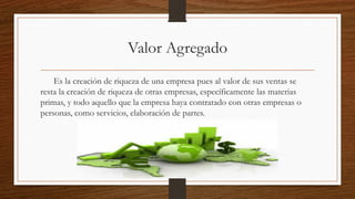 Valor Agregado
Es la creación de riqueza de una empresa pues al valor de sus ventas se
resta la creación de riqueza de otras empresas, específicamente las materias
primas, y todo aquello que la empresa haya contratado con otras empresas o
personas, como servicios, elaboración de partes.
 
