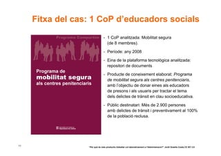 Fitxa del cas: 1 CoP d’educadors socials
                                - 1 CoP analitzada: Mobilitat segura
                                  (de 8 membres).

                                - Període: any 2008

                                - Eina de la plataforma tecnològica analitzada:
                                  repositori de documents

                                - Producte de coneixement elaborat: Programa
                                  de mobilitat segura als centres penitenciaris,
                                  amb l’objectiu de donar eines als educadors
                                  de presons i als usuaris per tractar el tema
                                  dels delictes de trànsit en clau socioeducativa.

                                - Públic destinatari: Més de 2.900 persones
                                  amb delictes de trànsit i preventivament al 100%
                                  de la població reclusa.




11                “Per què és més productiu treballar col·laborativament a l’Administració?” Jordi Graells Costa CC BY 3.0
 