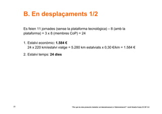B. En desplaçaments 1/2

     Es feien 11 jornades (sense la plataforma tecnològica) – 8 (amb la
     plataforma) = 3 x 8 (membres CoP) = 24

     1. Estalvi econòmic: 1.584 €
        24 x 220 km/estalvi viatge = 5.280 km estalviats x 0,30 €/km = 1.584 €

     2. Estalvi temps: 24 dies




20                                  “Per què és més productiu treballar col·laborativament a l’Administració?” Jordi Graells Costa CC BY 3.0
 