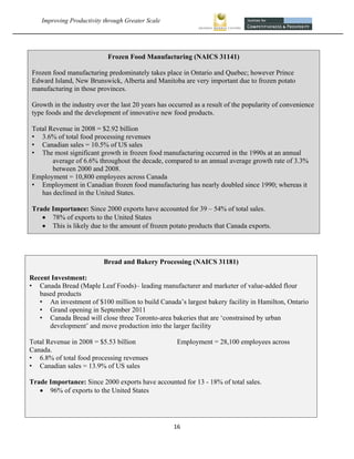 Improving Productivity through Greater Scale                                                       




                            Frozen Food Manufacturing (NAICS 31141)

Frozen food manufacturing predominately takes place in Ontario and Quebec; however Prince
Edward Island, New Brunswick, Alberta and Manitoba are very important due to frozen potato
manufacturing in those provinces.

Growth in the industry over the last 20 years has occurred as a result of the popularity of convenience
type foods and the development of innovative new food products.

Total Revenue in 2008 = $2.92 billion
• 3.6% of total food processing revenues
• Canadian sales = 10.5% of US sales
• The most significant growth in frozen food manufacturing occurred in the 1990s at an annual
       average of 6.6% throughout the decade, compared to an annual average growth rate of 3.3%
       between 2000 and 2008.
Employment = 10,800 employees across Canada
• Employment in Canadian frozen food manufacturing has nearly doubled since 1990; whereas it
   has declined in the United States.

Trade Importance: Since 2000 exports have accounted for 39 – 54% of total sales.
    78% of exports to the United States
    This is likely due to the amount of frozen potato products that Canada exports.




                           Bread and Bakery Processing (NAICS 31181)

Recent Investment:
• Canada Bread (Maple Leaf Foods)– leading manufacturer and marketer of value-added flour
   based products
   • An investment of $100 million to build Canada’s largest bakery facility in Hamilton, Ontario
   • Grand opening in September 2011
   • Canada Bread will close three Toronto-area bakeries that are ‘constrained by urban
      development’ and move production into the larger facility

Total Revenue in 2008 = $5.53 billion                Employment = 28,100 employees across
Canada.
• 6.8% of total food processing revenues
• Canadian sales = 13.9% of US sales

Trade Importance: Since 2000 exports have accounted for 13 - 18% of total sales.
    96% of exports to the United States




                                                    16 
     
 