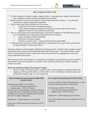 Improving Productivity through Greater Scale                                                                  



                                        Dairy Products (NAICS 3115)

 • The dairy market in Canada is largely a mature market – consumption per capita is declining and
      more substitutes for dairy products and drinks are developed.
 • Market conditions in dairy processing have allowed dairy processors to grow – it is a protected
      market due to supply management regulations.
 • There is little trade in dairy products for two reasons:
       •        Trade tends to be lower in perishable products
       •        Under supply management regulations processors can only trade certain amount –
                capped on volume or value whichever comes first.
 • There is a latent threat from trade liberalization. Successful completion of the Doha Round could
      serve to destabilize the existing dairy market framework in Canada
       •        Export subsidies would be eliminated
       •        Reduction in domestic support
       •        Increases in market access – decreased tariffs and increased TRQs
 • Further processors and users of dairy ingredients in food products can access milk at special-class
      pricing (essentially US-equivalent prices)

The dairy industry has been broadly challenged by lethargic growth. Growth in dairy product volumes
has broadly failed to keep up with population trends and rising incomes. This masks notable counter
trends in certain products such as yogurt and variety cheeses, however in aggregate the market has
seen exceptionally slow growth.

Dairy processors have good margins in Canada due to operating in a protected environment which has
allowed them to buy up competitors in Canada in order to grown and they have started to purchase
outside of Canada.

Recent Investments in Dairy Processing in Canada:
   • Danone Canada: $50 million spent to expand in QC to produce DanActive probiotic drink line
   • Agropur: In 2010 spent $4 million in Victoria BC on a new air filtration treatment system, and
      multi-million dollars in QC on a new cheese line.

 Dairy Products (except Frozen) & Fluid Milk                       Ice Cream & Frozen Dessert (NAICS 31152)
               (NAICS 31151)
                                                                   Ice Cream and Frozen Dessert Manufacturing is a small
Total Revenue in 2008 = $13.35 billion                             portion of total dairy product manufacturing.
• 16.4% of total food processing revenues
• Canadian sales = 13.4% of US sales                               Total Revenue in 2008 = $774.2 million
Total revenues in dairy products in Canada are likely to           • >1.0% of total food processing revenues
be higher than in the United States for the same amount            • Canadian sales = 8.9% of US sales
of production as a result of artificially high raw product
prices due to supply management.                                   Employment = 2,800 employees across Canada.

Employment = 19,400 employees across Canada                        Trade: Since 2000 exports have accounted for 4-15% of
                                                                   total sales.
Trade: Since 2000 exports have accounted for 3-6% of
total sales.

                                                             17 
     
 