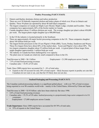 Improving Productivity through Greater Scale                                                         




                                     Poultry Processing (NAICS 311615)

•   Ontario and Quebec dominate chicken and turkey production
•   There are over 50 federally inspected chicken and turkey plants of which over 30 are in Ontario and
    Quebec. Those 50 plants are operated by about 40 individual companies.
•   The largest companies in Canada are Maple Leaf, Olymel, Maple Lodge, Lilydale and Exceldor. These
    companies have approximately 60% of the broiler market in Canada.
•   Canada slaughters about 12 million chickens per week. The average slaughter per plant is about 450,000
    per week. The largest plants might slaughter up to 800,000 head.

•   In the US the industry is located primarily in the Southeast.
•   There are approximately 40 major broiler processing companies in the US. These companies slaughter
    about 160 million birds per week.
•   The largest broiler processors in the US are Pilgrim’s Pride (JBS), Tyson, Perdue, Sanderson and Wayne.
    These five largest firms have about 60% of the market share. Tyson and Pilgrim’s have about 40%. The
    two largest companies slaughter about 32 million birds per week. A typical plant of these larger firms
    might slaughter approximately 1 million birds per week.
•   The industry in Canada has been challenged by over capacity.
•   The plant sizes in Canada are relatively small compared to those in the US.

Total Revenue in 2008 = $6.1 billion                        Employment = 21,500 employees across Canada.
• 7.5% of total food processing revenues
• Canadian sales = 10.4% of US sales

Trade: Since 2000 exports have accounted for 3 – 6% of total sales.
    Exports to the US account for only 58% of total export – likely because exports in poultry are cuts that
       Canadians do not want or eat, cuts that the US likely does not eat also.


                             Seafood Packaging and Processing (NAICS 3117)

The Canadian seafood processing industry is a significant global player – with over 70% of total revenues
being exported to over 80 countries world-wide – mainly to the United States, followed by China and Japan.

Total Revenue in 2008 = $3.93 billion: sales have been relatively flat since 1990.
• 4.8% of total food processing revenues
• Canadian sales = 35.2% of US sales: Seafood processing is a proportionately large sector compared to its US
          counterpart.
•      Employment = 27,600 employees across Canada.


Trade Importance: Since 2000 exports have accounted for 69-78% of total sales.
    55% of exports to the United States




                                                       18 
       
 