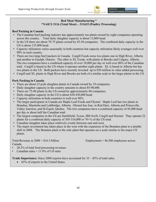 Improving Productivity through Greater Scale                                                        



                                     Red Meat Manufacturing *
                        *NAICS 3116 (Total Meat) – 311615 (Poultry Processing)

Beef Packing in Canada
 • The Canadian beef packing industry has approximately ten plants owned by eight companies operating
   across the country. Total daily slaughter capacity is about 13,000 head.
 • In the US there are about 70-75 plants owned by 45-50 companies. The combined daily capacity in the
   US is about 135,000 head.
 • Capacity utilization varies seasonally in both countries but capacity utilization likely averages well over
   90% in each country.
 • There are two large beef packers in Canada. Cargill Foods owns two plants one in High River, Alberta
   and another in Guelph, Ontario. The other is XL Foods, with plants in Brooks and Calgary, Alberta.
   The two companies have a combined capacity of over 10,000 per day or well over 80% of the Canadian
   total. Cargill is based in the US where it operates another eight plants. XL is based in Alberta but has
   two plants in the US. Both packers have recently invested up to $50 million in value added processing.
 • Cargill and XL plants in High River and Brooks are both of a similar scale to the larger plants in the US.

Pork Packing in Canada
 • There are about 23 pork slaughter plants in Canada owned by 19 companies.
 • Daily slaughter capacity in the country amounts to about 85-90,000.
 • There are 75-80 plants in the US owned by approximately 60 companies.
 • Daily slaughter capacity in the US is about 420-430,000 head.
 • Capacity utilization in both countries is well over 90%.
 • The larger participants in Canada are Maple Leaf Foods and Olymel. Maple Leaf has two plants in
   Brandon, Manitoba and Lethbridge, Alberta. Olymel has four, in Red Deer, Alberta and Princeville,
   Valley Jonction, and St-Esprit, Quebec. The two companies have a combined capacity of 45,000 head
   per day or about half the Canadian total.
 • The largest companies in the US are Smithfield, Tyson, JBS Swift, Cargill and Hormel. They operate 22
   plants for a combined daily capacity of 305-310,000 or 70+% of the US total.
 • Canadian slaughter takes place relatively evenly between east and west.
 • The major investment has taken place in the west with the expansion of the Brandon plant to a double
   shift in 2008. The Brandon plant is the only plant that operates on a scale similar to the major US
   plants.

Total Revenue in 2008 = $16.5 billion                       Employment = 46,500 employees across
Canada.
• 20.2% of total food processing revenues
• Canadian sales = 11.9% of US sales

Trade Importance: Since 2000 exports have accounted for 35 – 45% of total sales.
    65% of exports to the United States




                                                     19 
      
 