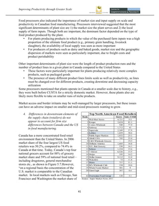 Improving Productivity through Greater Scale                                                                 



Food processors also indicated the importance of market size and input supply on scale and
productivity in Canadian food manufacturing. Processors interviewed suggested that the most
significant determinants of plant size are 1) the market size the plant serves and 2) the local
supply of farm inputs. Though both are important, the dominant factor depended on the type of
food product produced by the plant.
    • For plants producing products in which the value of the purchased farm inputs was a high
        proportion of the ultimate food product (e.g., primary grain handling, livestock
        slaughter), the availability of local supply was seen as more important
    • For producers of products such as dairy and baked goods, market size and the geographic
        dispersion of markets were seen as particularly important, due to freight costs and
        product perishability

Other important determinants of plant size were the length of product production runs and the
number of product lines in a given plant in Canada compared to the United States
    • These factors were particularly important for plants producing relatively more complex
        products, such as packaged goods
    • The presence of many different product lines limits scale as well as productivity, as lines
        must be changed over for different products, creating downtime and decreasing capacity
        utilization
Some processors mentioned that plants operate in Canada at a smaller scale due to history, e.g.,
they were built before CUSTA for a strictly domestic market. However, these plants also are
likely more flexible to take on smaller runs of niche products.

Market access and border irritants may be well-managed by larger processors, but these issues
can have an adverse impact on smaller and mid-sized processors wanting to grow.

    4. Differences in downstream elements of                   Top North American Food Retailers
                                                       Rank                             Stores Sales US$B
       the supply chain (retailers) do not
                                                           1   Wal-Mart Stores           4,721     311
       appear to account for firm size                     2   Kroger                    3,624     81.1
       differences between Canada and the US               3   Costco Wholesale            540     77.9
                                                           4   Safeway                   1,712      41
       in food manufacturing.
                                                           5   Supervalu                 2,349     37.9
                                                           6   Loblaw                    1,029     30.6
Canada has a more concentrated food retail                 7   Publix Super Markets      1,032     25.1
                                                           8   Ahold USA                   745     23.4
environment than the United States. In 2006                9   C&S Wholesale Grocers        -      19.3
market share of the four largest US food                  10   Delhaize America          1,605     18.8
retailers was 50.2%, compared to 74.4% in                 11   H.E. Butt Grocery           330     16.1
                                                          12   Sobeys                    1,334     15.6
Canada at that time. Today, Canada’s top four             13   7-Eleven                  6,526     15.5
national grocers account for 88% of grocery               14   Meijer                      195     14.2
market share and 59% of national food retail –            15   Dollar Genera             9,112     12.4
                                                          16   Wakefern                       72   11.8
including drugstores, general merchandise                 17   Metro                       757     11.1
stores etc., as shown in Figure 5.7.However,              18   BJ's Wholesale Club         194     10.6
“on a regional basis the concentration of the             19   Whole Foods Market          301      9
                                                          20   Giant Eagle                 387     8.6
U.S. market is comparable to the Canadian
market. In local markets such as Chicago, San              42 Overwaitea Food Group       120     3.1
Francisco and Washington the market share of           Source: Super Market News 2011




                                                 41 
 
 