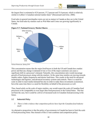 Improving Productivity through Greater Scale                                                          



the largest firm is estimated at 42.8 percent, 37.2 percent and 33.4 percent, which is relatively
similar to Loblaw’s Canadian national market share” (Dessureault and Grier, 2006).

Food sales in general merchandise stores are not as mature in Canada as they are in the United
States, but food sales by retailers such as Wal-Mart and Costco are growing significantly in
Canada.

Figure 5.7: National Grocery Market Shares
                  Other Grocery
                                                 
                                                National Grocery
                      12%

        Safeway
          7%




                                                                Loblaw
                                                                 44%
        Metro
        16%



                    Sobey
                     21%

Nielsen Homescan, Spring 2010


This concentration means that the major food buyers in both the US and Canada have market
power and that any change in demand of one or two of the major customers can cause a
significant shift in a processor’s demand. Naturally, this concentration ratio would encourage
growth of food processors along with the retailers. At the same time retailers are moving towards
smaller orders, higher frequencies and shorter lead times. This results in the need for advanced
technologies and logistics, and advanced inventory systems and controls. There is a need for
scale in order to meet market demand but also in order to make these investments economical,
but at the same time there is a need for flexibility on behalf of the processors as well.

Thus, based solely on the scale of major retailers, one would expect the scale of Canadian food
processors to be comparable or even larger than food processors in the United States. This has
not been the case, but it could be a driver of increased scale in Canadian food processing in the
future.

5.2      Industrial Policy

      5. There is little evidence that competition policies have kept the Canadian food industry
         small.

An alternative proposition is that the policy of governments in Canada has been to limit the scale
of food processing firms. One element of this is Anti-combines and competition policy.

                                                 42 
 
 