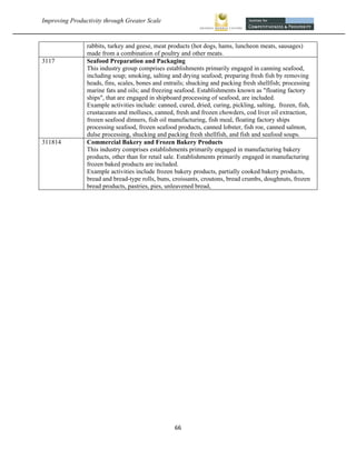 Improving Productivity through Greater Scale                                                                  


                rabbits, turkey and geese, meat products (hot dogs, hams, luncheon meats, sausages)
                made from a combination of poultry and other meats.
3117            Seafood Preparation and Packaging
                This industry group comprises establishments primarily engaged in canning seafood,
                including soup; smoking, salting and drying seafood; preparing fresh fish by removing
                heads, fins, scales, bones and entrails; shucking and packing fresh shellfish; processing
                marine fats and oils; and freezing seafood. Establishments known as "floating factory
                ships", that are engaged in shipboard processing of seafood, are included.
                Example activities include: canned, cured, dried, curing, pickling, salting, frozen, fish,
                crustaceans and molluscs, canned, fresh and frozen chowders, cod liver oil extraction,
                frozen seafood dinners, fish oil manufacturing, fish meal, floating factory ships
                processing seafood, frozen seafood products, canned lobster, fish roe, canned salmon,
                dulse processing, shucking and packing fresh shellfish, and fish and seafood soups.
311814          Commercial Bakery and Frozen Bakery Products
                This industry comprises establishments primarily engaged in manufacturing bakery
                products, other than for retail sale. Establishments primarily engaged in manufacturing
                frozen baked products are included.
                Example activities include frozen bakery products, partially cooked bakery products,
                bread and bread-type rolls, buns, croissants, croutons, bread crumbs, doughnuts, frozen
                bread products, pastries, pies, unleavened bread,




                                                   66 
 
 