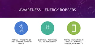 AWARENESS – ENERGY ROBBERS
PHYSICAL – YOUR CHAIR OR
LOOSE KEYBOARD, MOUSE OR
LAPTOP.
EMOTIONAL – PERSON YOU
STILL HOLD GRUDGE ON.
MENTAL – DISTRACTIONS IN
YOUR LIFE LIKE MOBILE,
FACEBOOK, INSTAGRAM ETC.
 