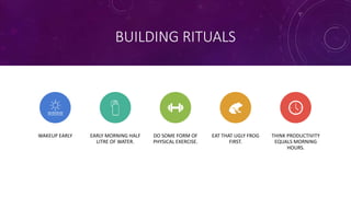 BUILDING RITUALS
WAKEUP EARLY EARLY MORNING HALF
LITRE OF WATER.
DO SOME FORM OF
PHYSICAL EXERCISE.
EAT THAT UGLY FROG
FIRST.
THINK PRODUCTIVITY
EQUALS MORNING
HOURS.
 