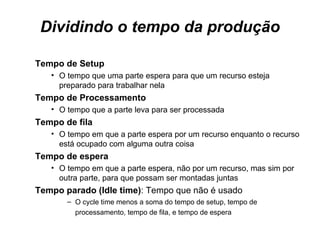 Dividindo o tempo da produção Tempo de Setup  O tempo que uma parte espera para que um recurso esteja preparado para trabalhar nela Tempo de Processamento O tempo que a parte leva para ser processada Tempo de fila  O tempo em que a parte espera por um recurso enquanto o recurso está ocupado com alguma outra coisa  Tempo de espera O tempo em que a parte espera, não por um recurso, mas sim por outra parte, para que possam ser montadas juntas  Tempo parado (Idle time) : Tempo que não é usado O cycle time menos a soma do tempo de setup, tempo de processamento, tempo de fila, e tempo de espera   