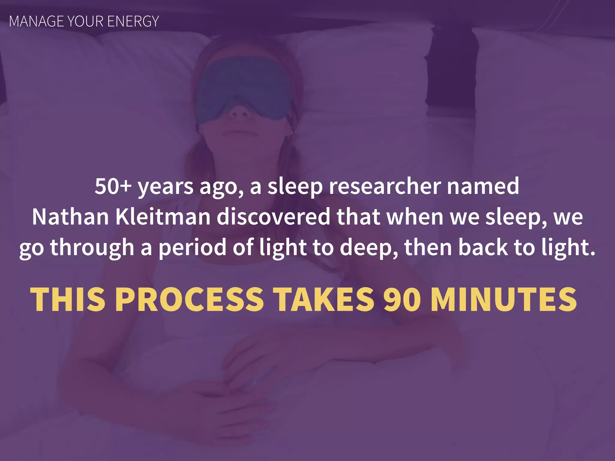 50+ years ago, a sleep researcher named  
Nathan Kleitman discovered that when we sleep, we
go through a period of light to deep, then back to light.
MANAGE YOUR ENERGY
THIS PROCESS TAKES 90 MINUTES
 