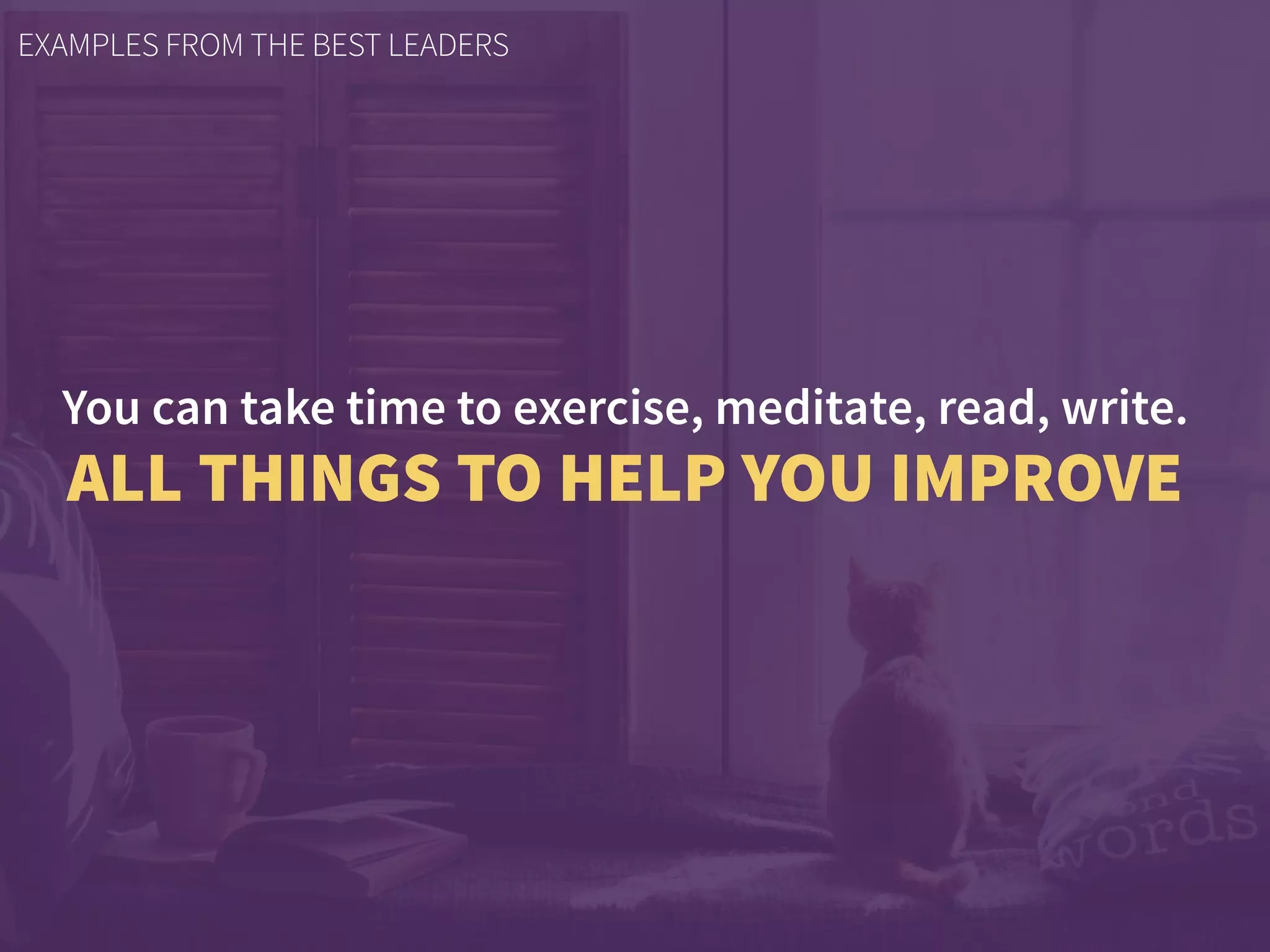 You can take time to exercise, meditate, read, write.
ALL THINGS TO HELP YOU IMPROVE
EXAMPLES FROM THE BEST LEADERS
 