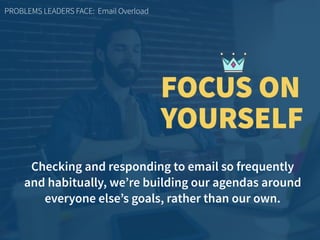 Checking and responding to email so frequently  
and habitually, we’re building our agendas around
everyone else’s goals, rather than our own.
PROBLEMS LEADERS FACE: Email Overload
FOCUS ON
YOURSELF
 
