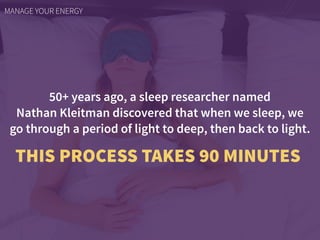 50+ years ago, a sleep researcher named  
Nathan Kleitman discovered that when we sleep, we
go through a period of light to deep, then back to light.
MANAGE YOUR ENERGY
THIS PROCESS TAKES 90 MINUTES
 