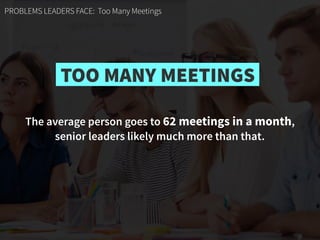 PROBLEMS LEADERS FACE: Too Many Meetings
The average person goes to 62 meetings in a month,  
senior leaders likely much m...