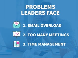 PROBLEMS 
LEADERS FACE
1. EMAIL OVERLOAD
2. TOO MANY MEETINGS
3. TIME MANAGEMENT
 
